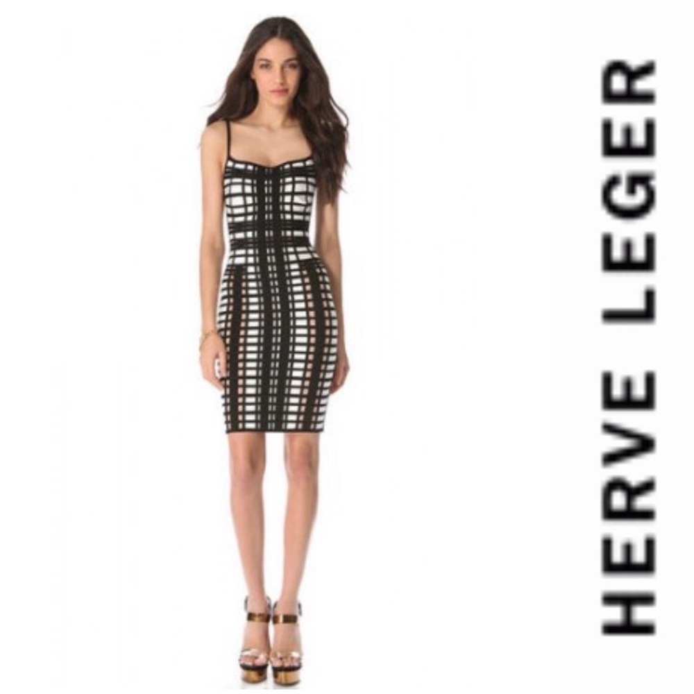 Herve Leger Keeley Geometric Black White Dress
